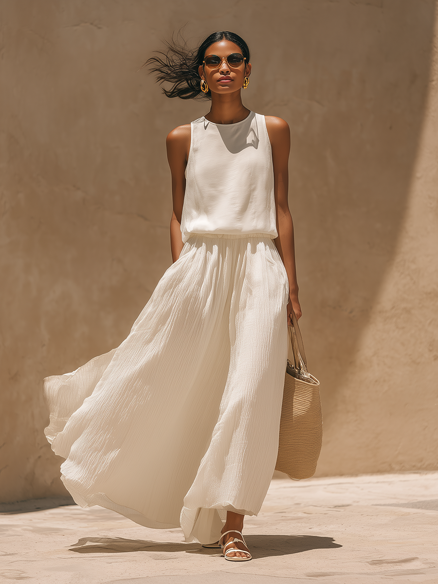 Stylish Simple Loose-fitting Sleeveless Round-neck Top And Pleated Long Skirt White Chiffon Set