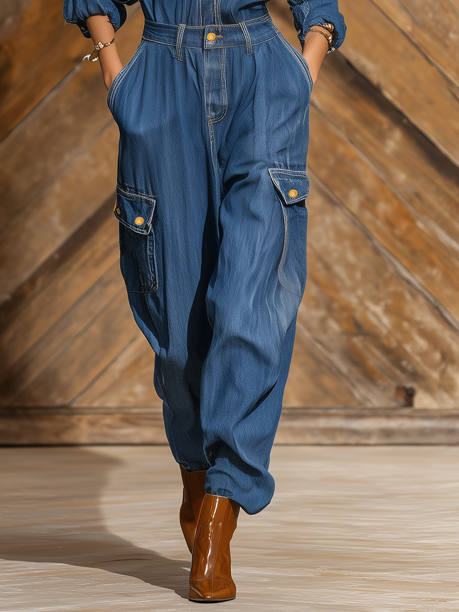 Vintage Street Style Lapel Multi-pocket Workwear Denim Jumpsuit