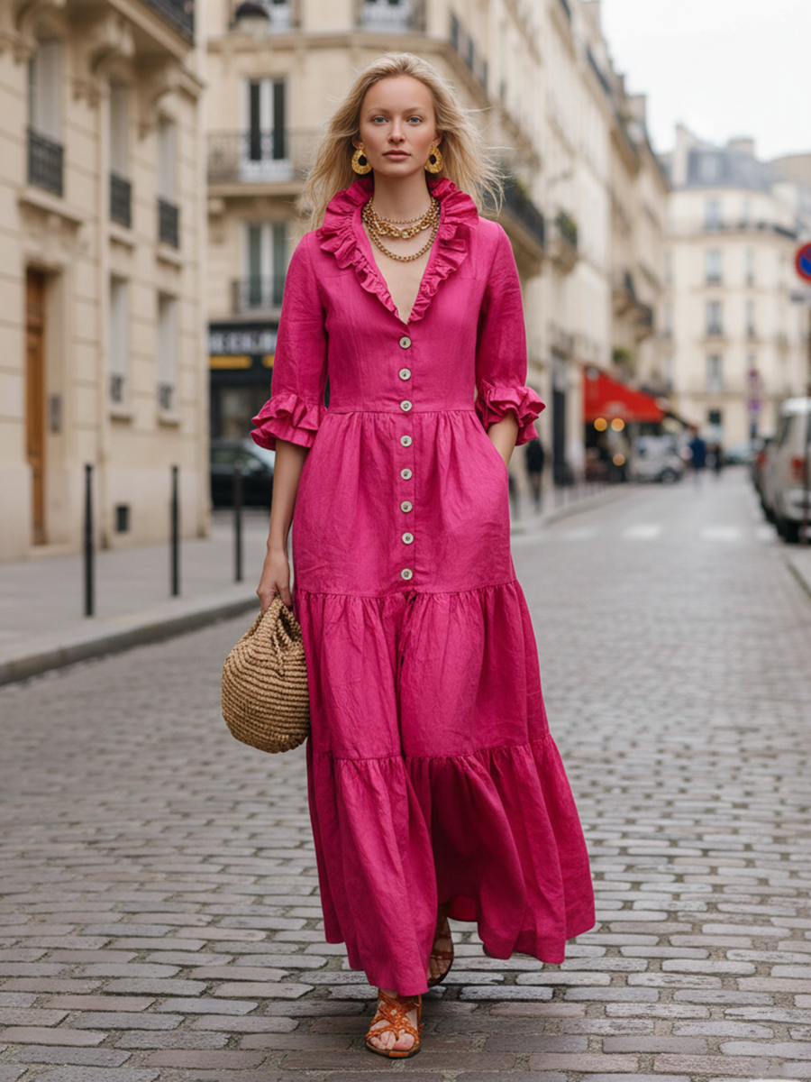 Retro Pink Cotton Linen Ruffled Button Maxi Dress
