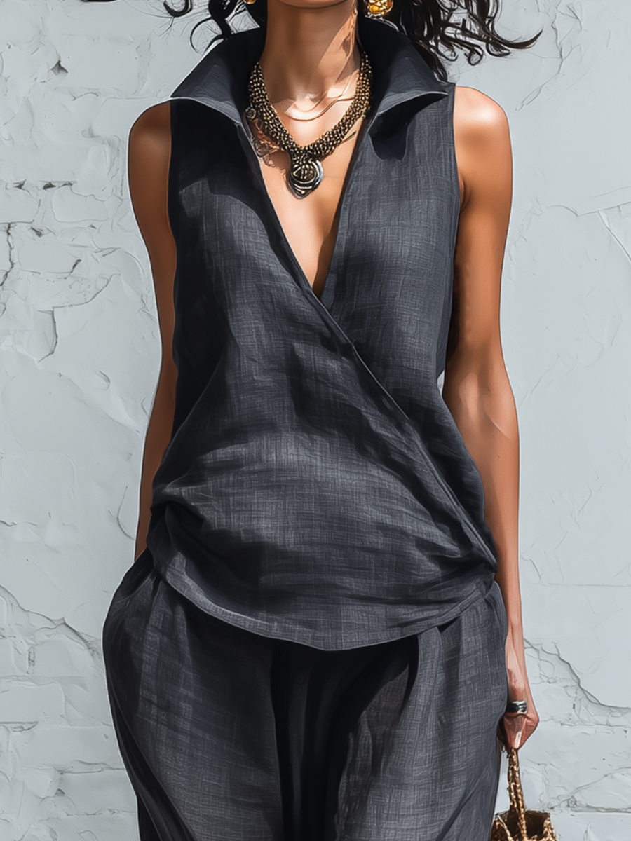 Casual Grey Linen Wrap Front Sleeveless Top And Wide Leg Pants Set