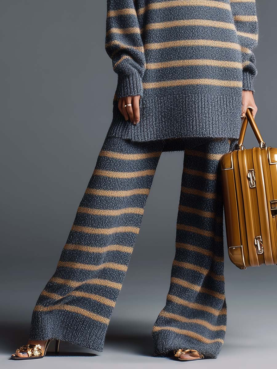 Vintage Style Street Style High Collar Striped Long Knitted Top And Pants Set