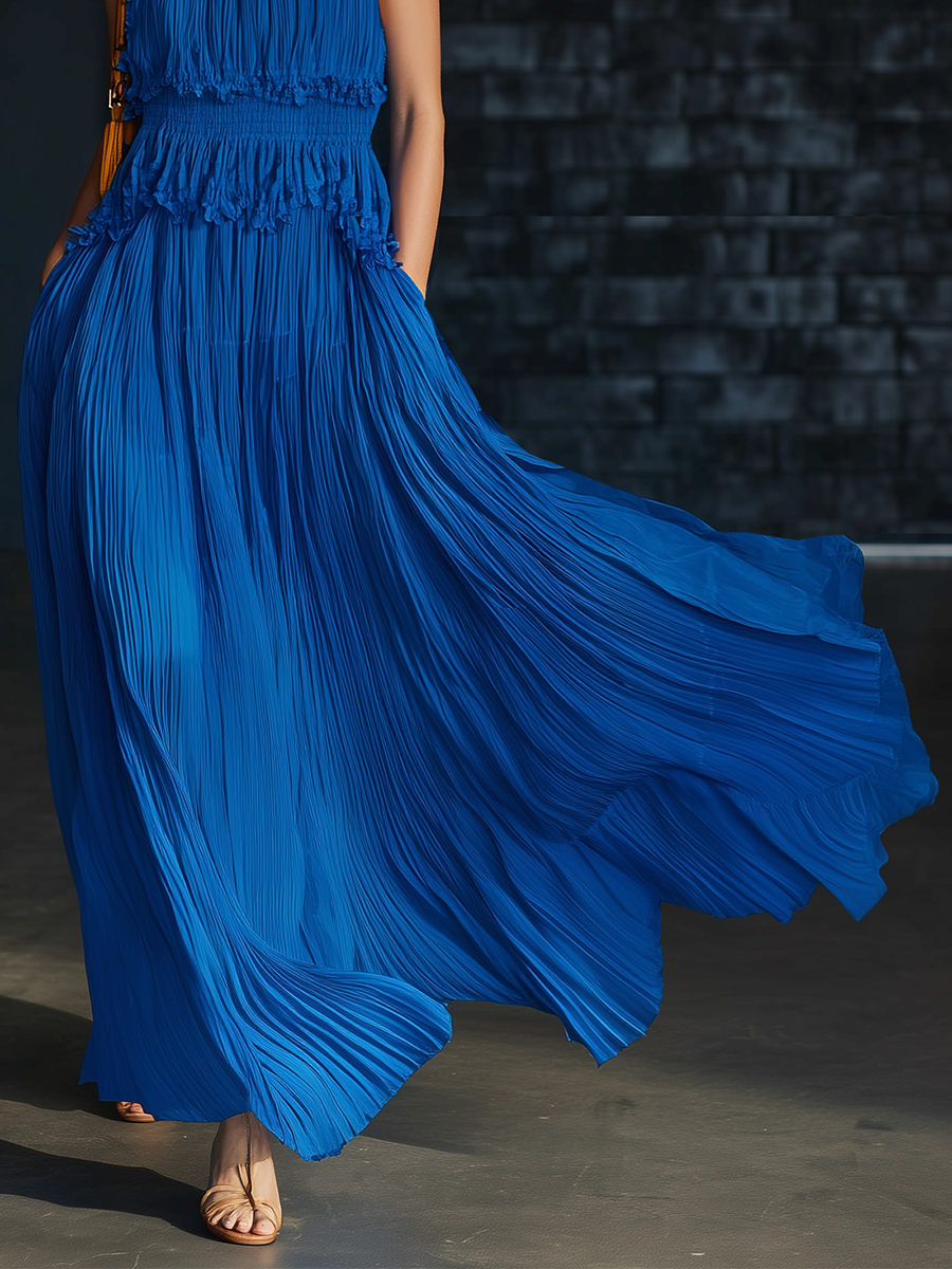 Flowy Blue Chiffon Pleated Sleeveless Maxi Dress