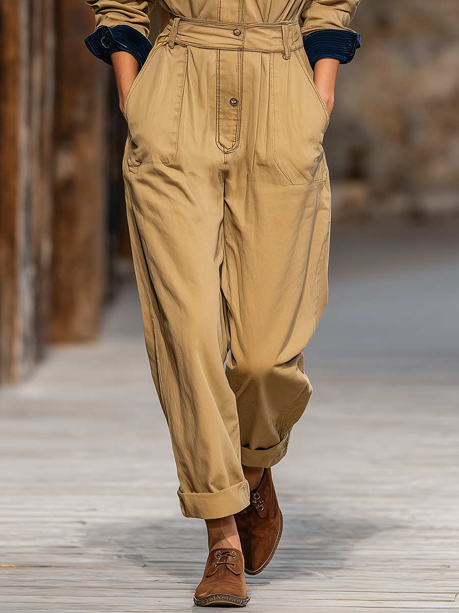 Vintage Street Style Multi-pocket Workwear Jumpsuit