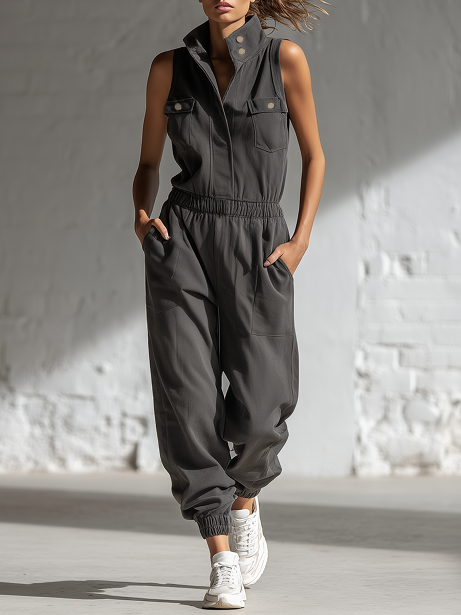 Stylish Simple Loose-fitting Sleeveless Stand-collar Front-buttoned Cotton Gray Jumpsuit