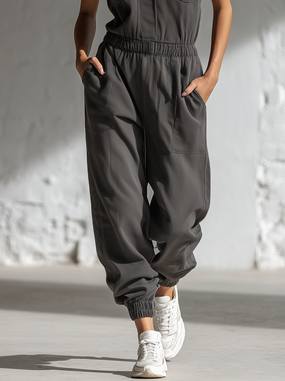 Stylish Simple Loose-fitting Sleeveless Stand-collar Front-buttoned Cotton Gray Jumpsuit