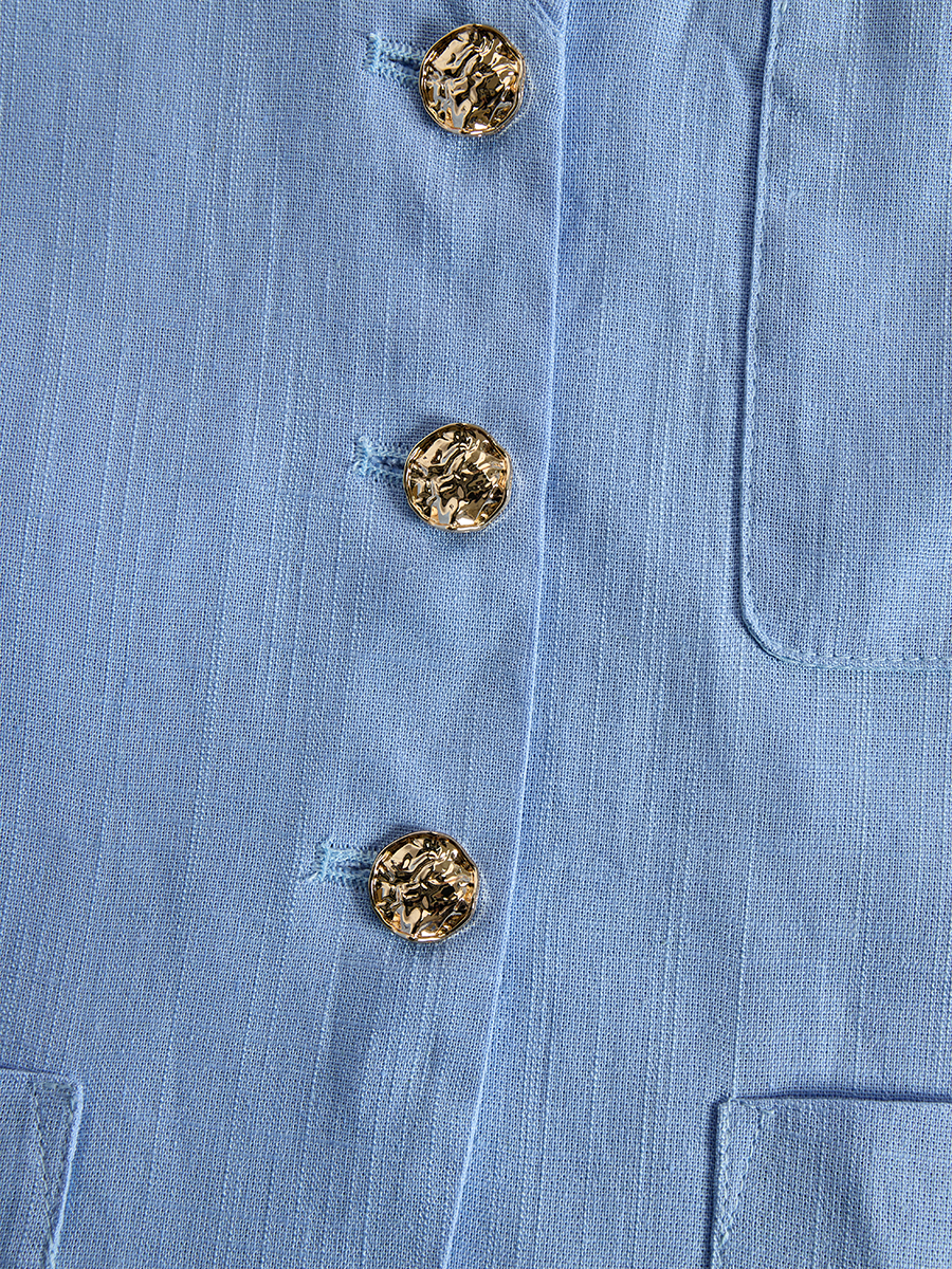Casual Blue Cotton And Linen V-neck Top And Wide Leg Shorts Set