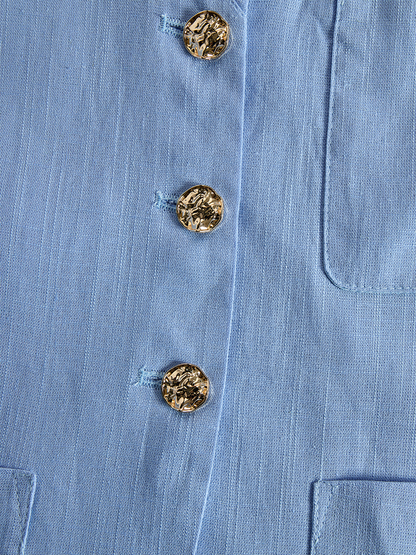 Casual Blue Cotton And Linen V-neck Top And Wide Leg Shorts Set