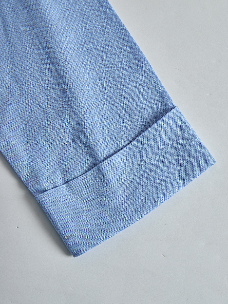 Casual Blue Cotton And Linen V-neck Top And Wide Leg Shorts Set