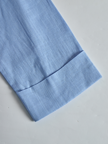 Casual Blue Cotton And Linen V-neck Top And Wide Leg Shorts Set