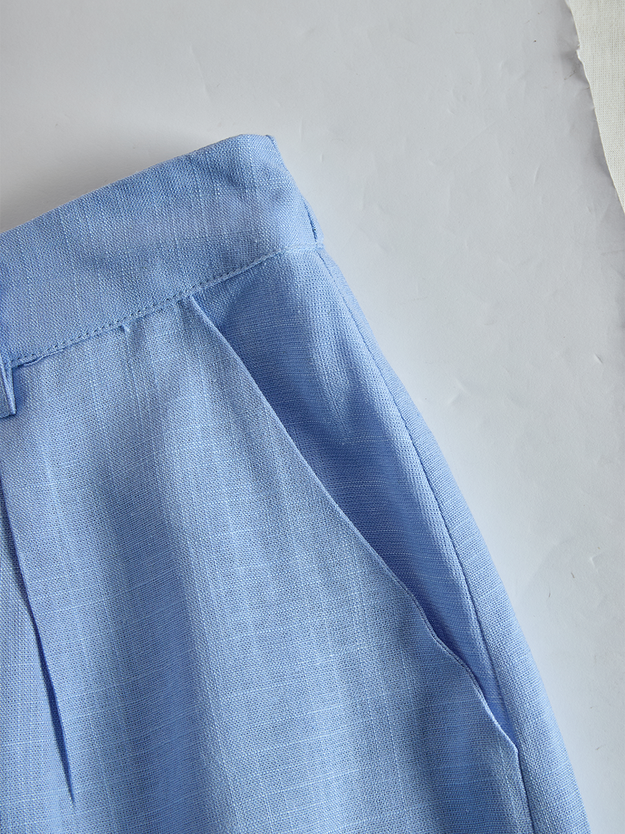Casual Blue Cotton And Linen V-neck Top And Wide Leg Shorts Set