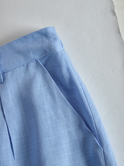 Casual Blue Cotton And Linen V-neck Top And Wide Leg Shorts Set