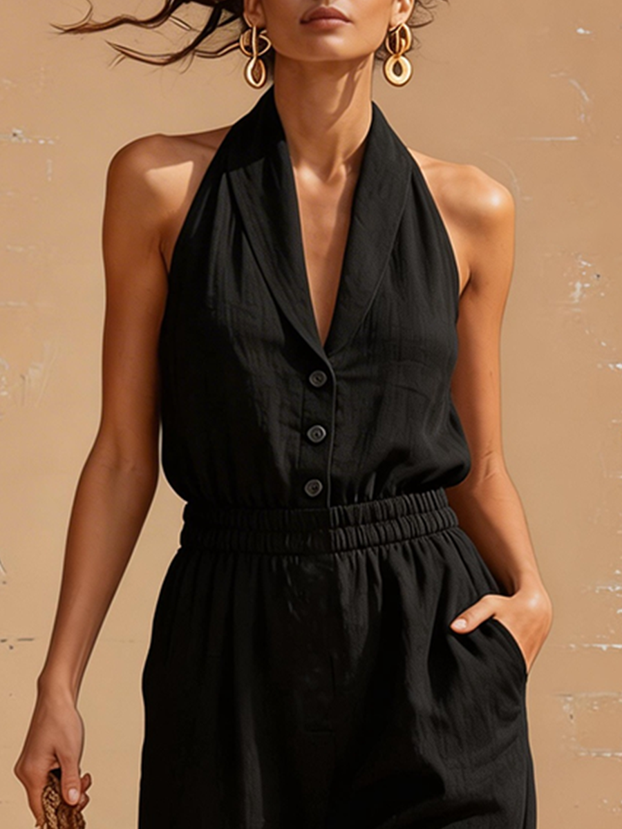 Urban Black Cotton Linen Sleeveless Collared Button Jumpsuit