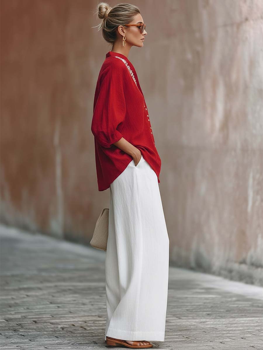 Exquisite Casual Urban Embroidered Front-buttoned Red Cotton Top And White Pants Set