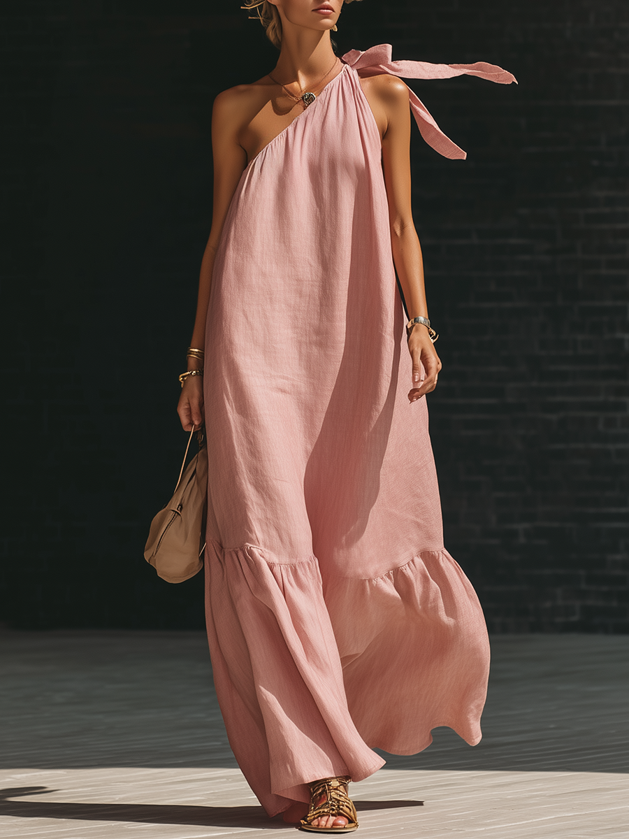 Stylish Simple Loose-fitting Sleeveless One-shoulder Tie-up Ruffled Hem Pink Cotton-linen Maxi Dress