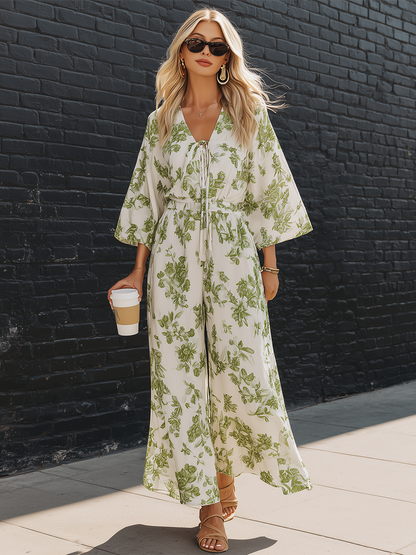 Resort Style White Chiffon Printed Bell Sleeve Top And Wide Leg Pants Set