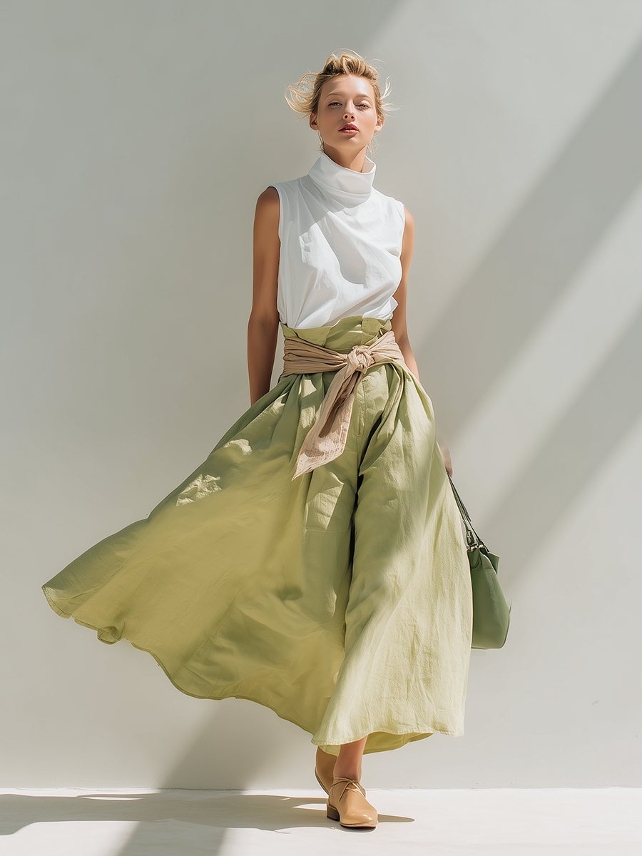 Elegant Stylish Loose-fitting Sleeveless High-neck White Top And Green A-line Maxi Skirt Set