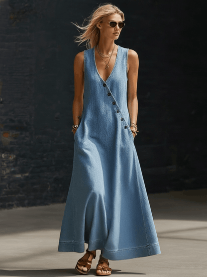 Retro-style Sleeveless V-neck Diagonally Buttoned Blue Denim Maxi Dress