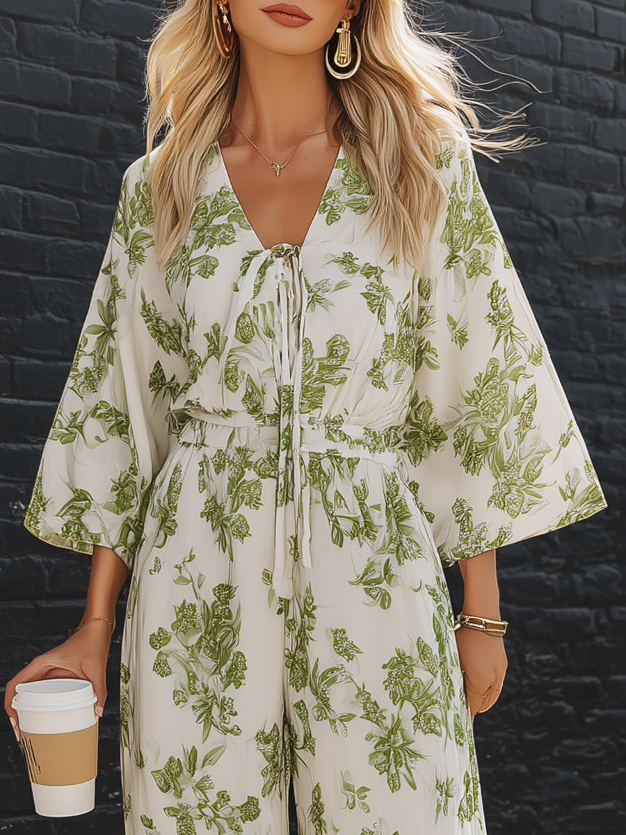 Resort Style White Chiffon Printed Bell Sleeve Top And Wide Leg Pants Set