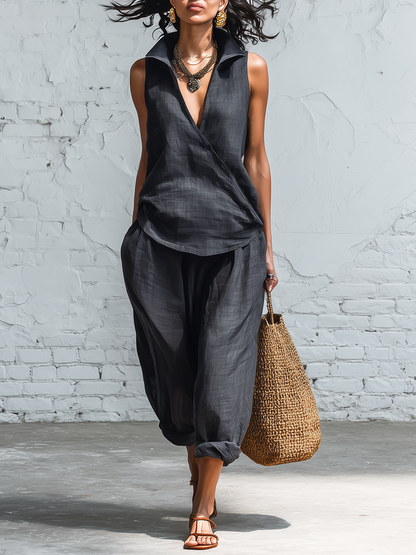 Casual Grey Linen Wrap Front Sleeveless Top And Wide Leg Pants Set