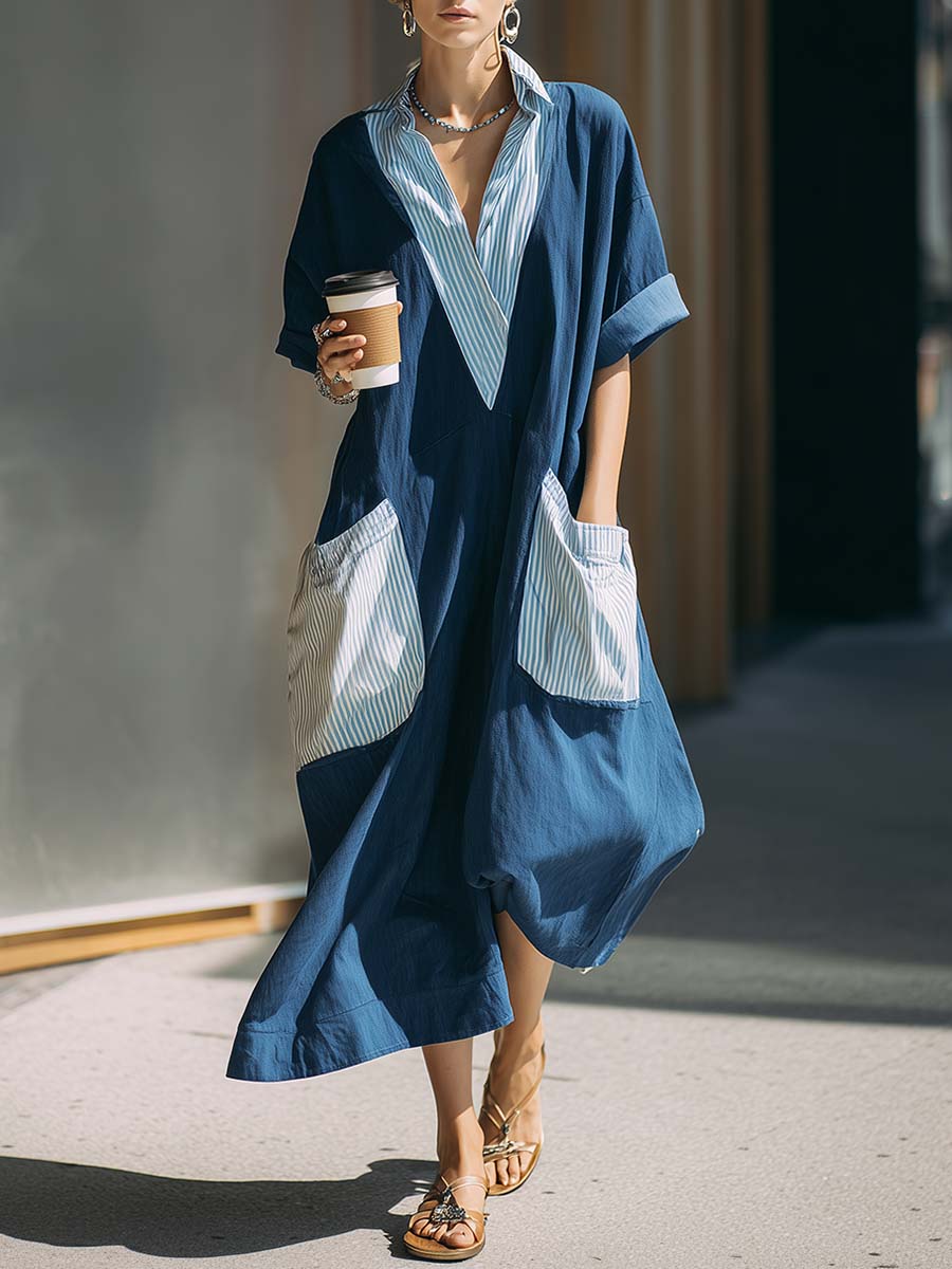 Casual Urban Striped Color-blocked V-neck Dark Blue Cotton Linen Midi Dress