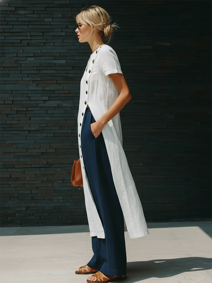 Stylish Simple Short-sleeved Slanted Placket Button Slit White Long Skirt Top And Navy Blue Trousers Cotton Set