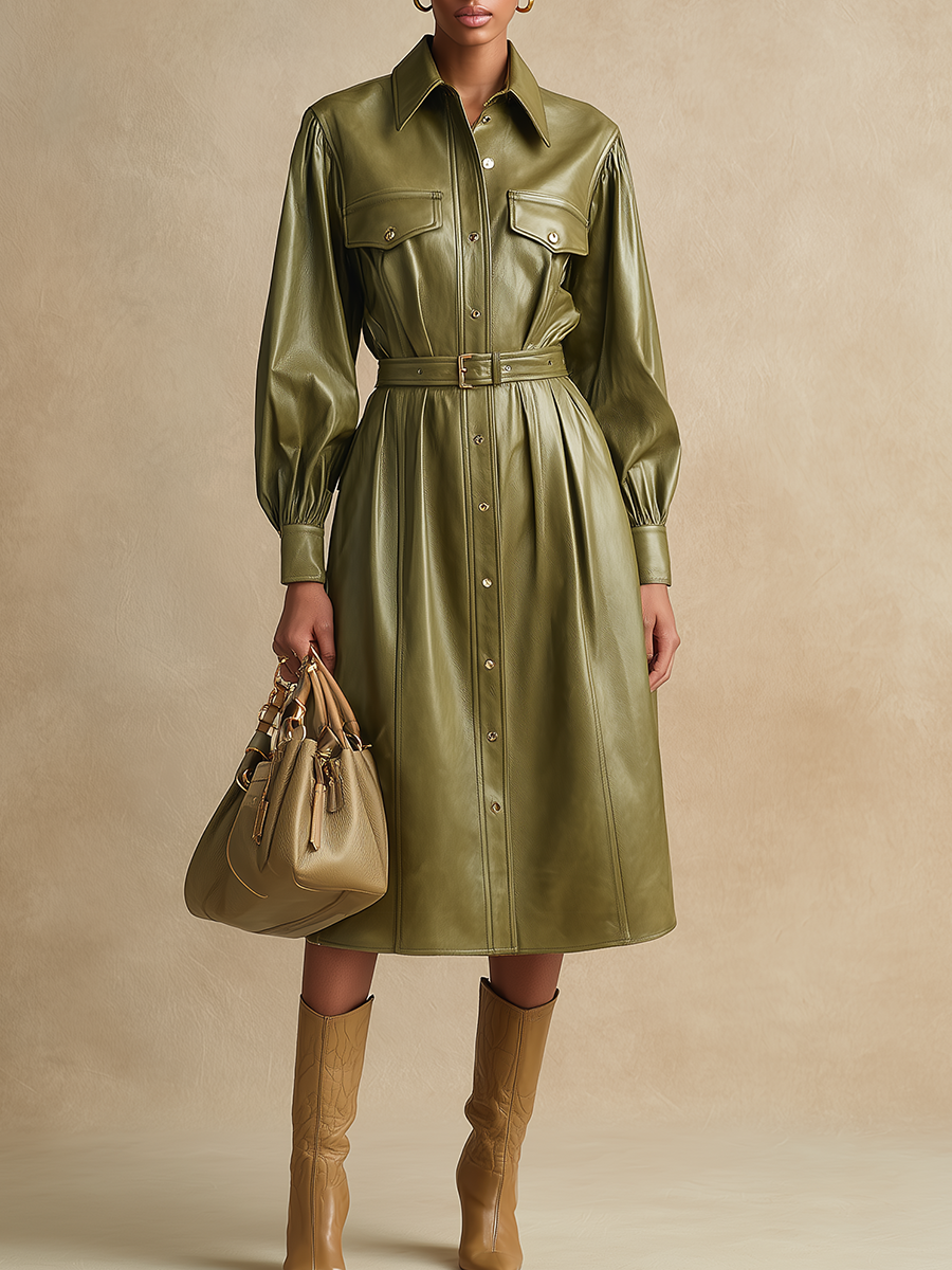 Vintage Elegant Lapel A-Line Faux Leather Dress