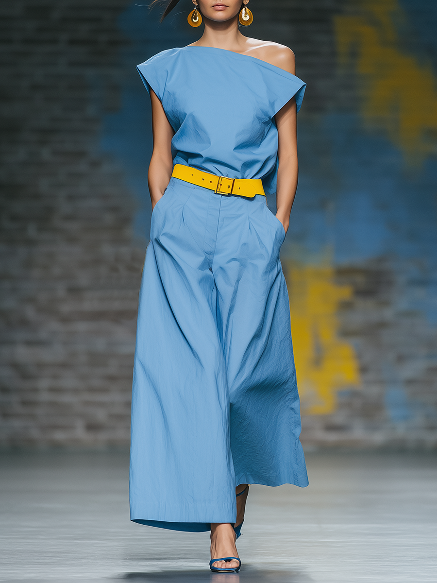 Stylish Simple Loose-fitting Short-sleeved Off-shoulder Top And Belted Wide-leg Pants Blue Cotton Set