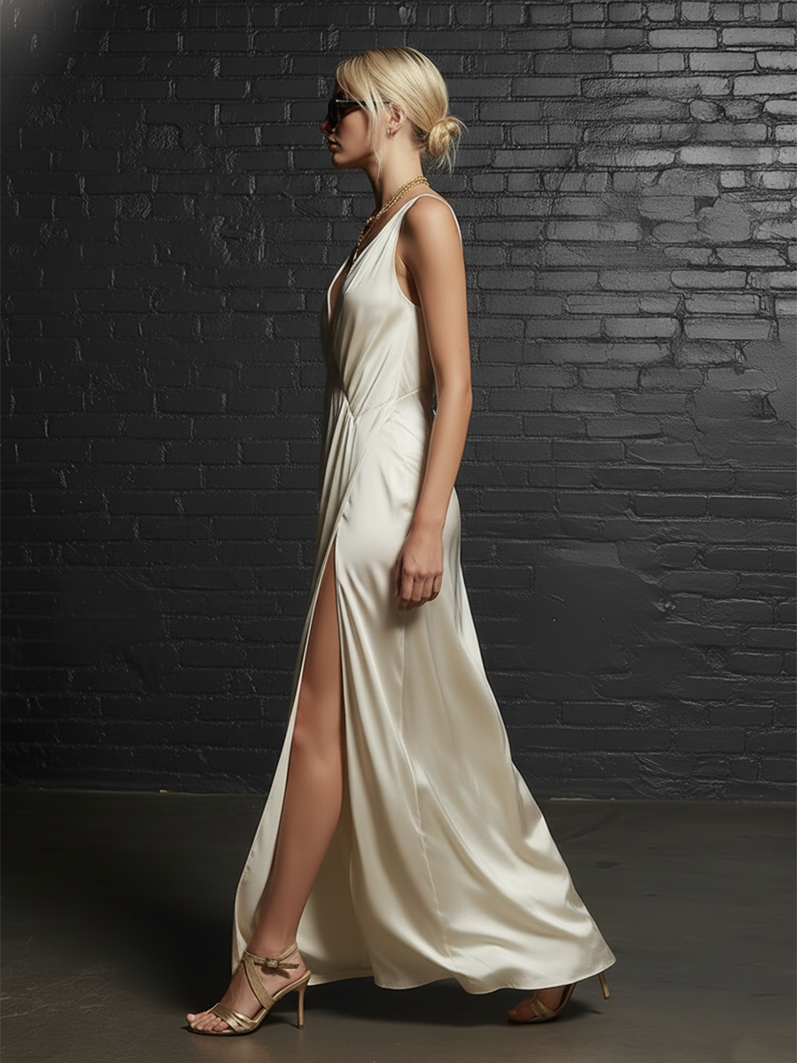 Fashionable And Classic Sleeveless V-neck Backless Side-slit White Satin Maxi Dress