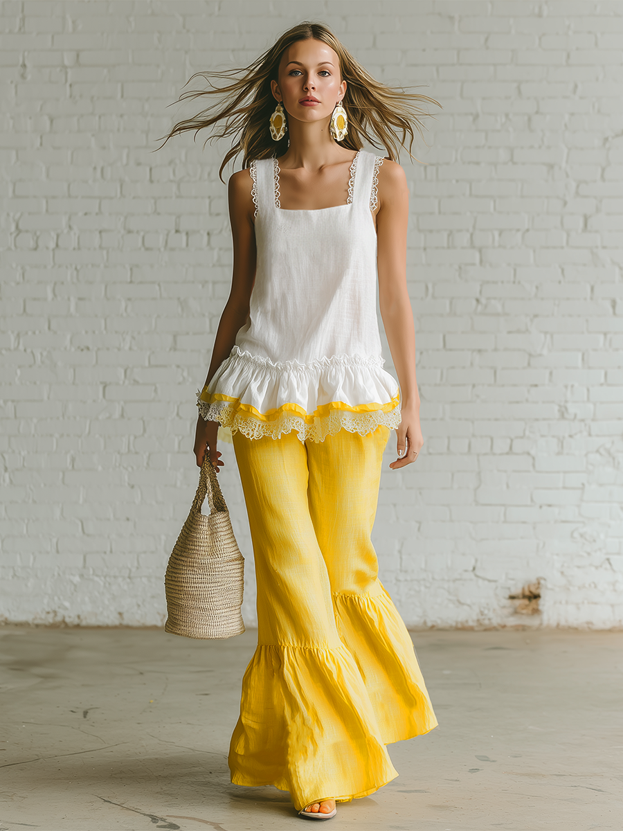 Vacation Style White Faux Linen Ruffled Top And Yellow Flared Pants Set