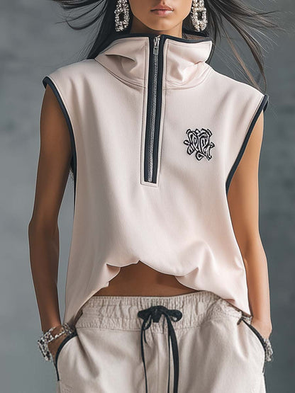 Retro Athletic Workwear Styl Black Trim Light Pink Cotton Sleeveless Turtleneck Top And Shorts Set