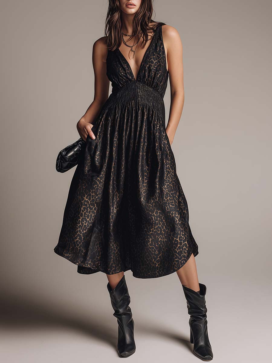 Fashion Sophisticated Party V-neck Sleeveless Puff Hem Black Leopard Print Satin Midi