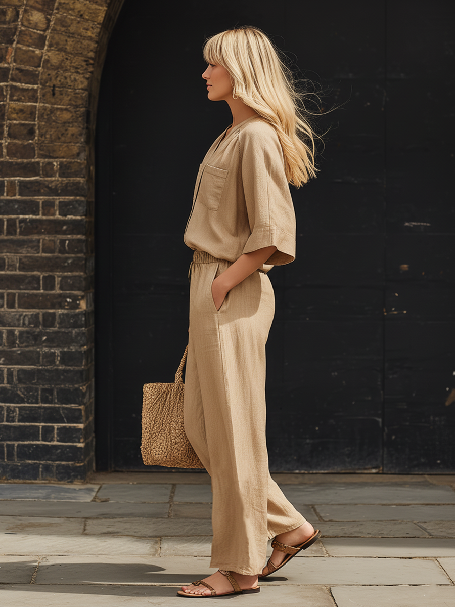 Retro Beige Cotton Linen V-neck Button Down Top And Wide Leg Pants Set