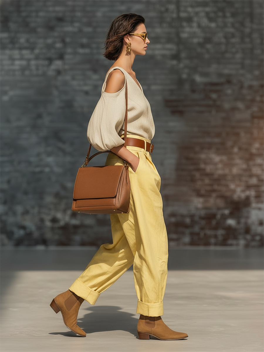 Stylish Simple Loose-fitting Long-sleeved V-neck Off-shoulder Beige Top And Yellow Belted Wide-leg Yellow Trousers Cotton Set