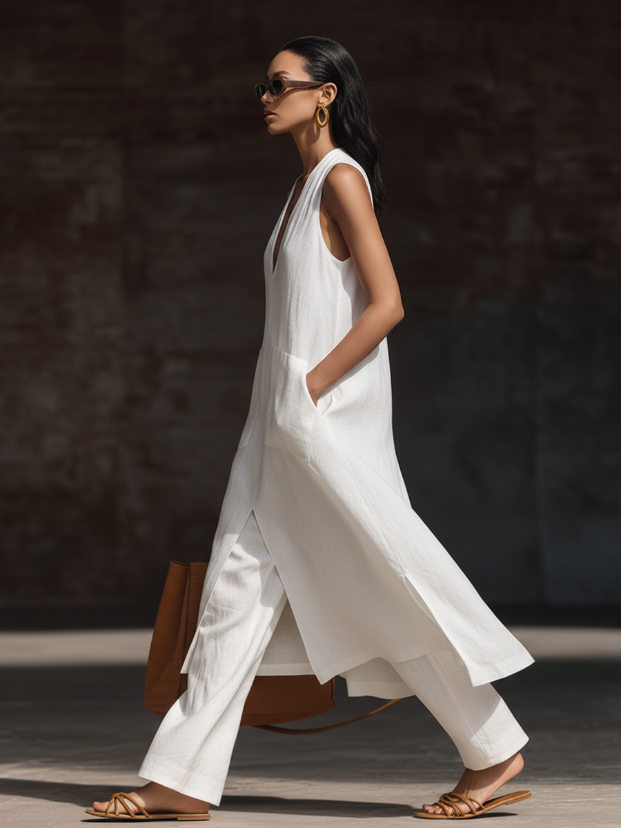 Stylish Simple Sleeveless V-neck Pockets Front Slits Long Top And Wide-leg Pants White Cotton Set