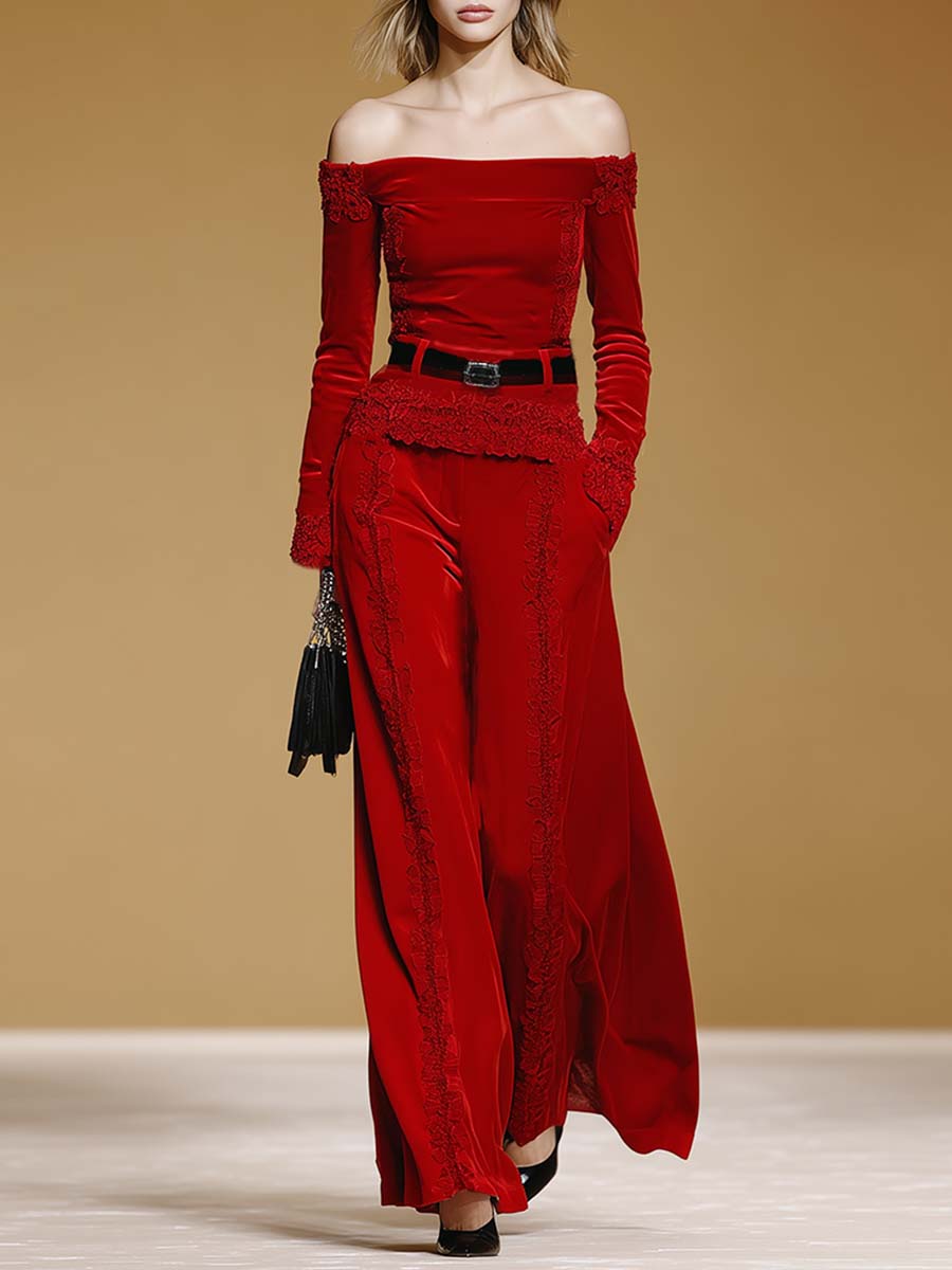 Retro Fashion Red Velvet Lace Pants Set