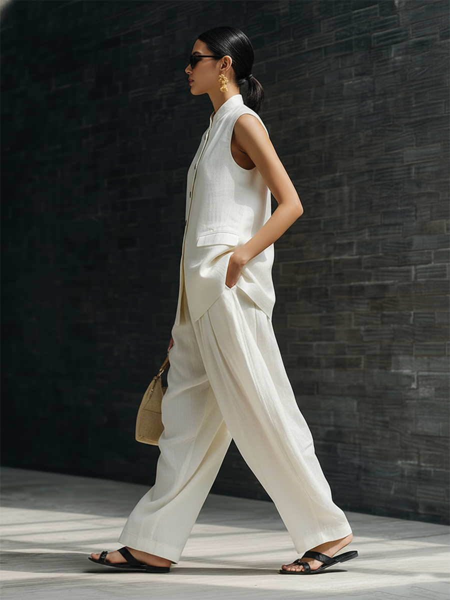 Stylish Simple Loose-fitting Sleeveless Stand-collar Front Buttons Top And Pockets White Cotton Set