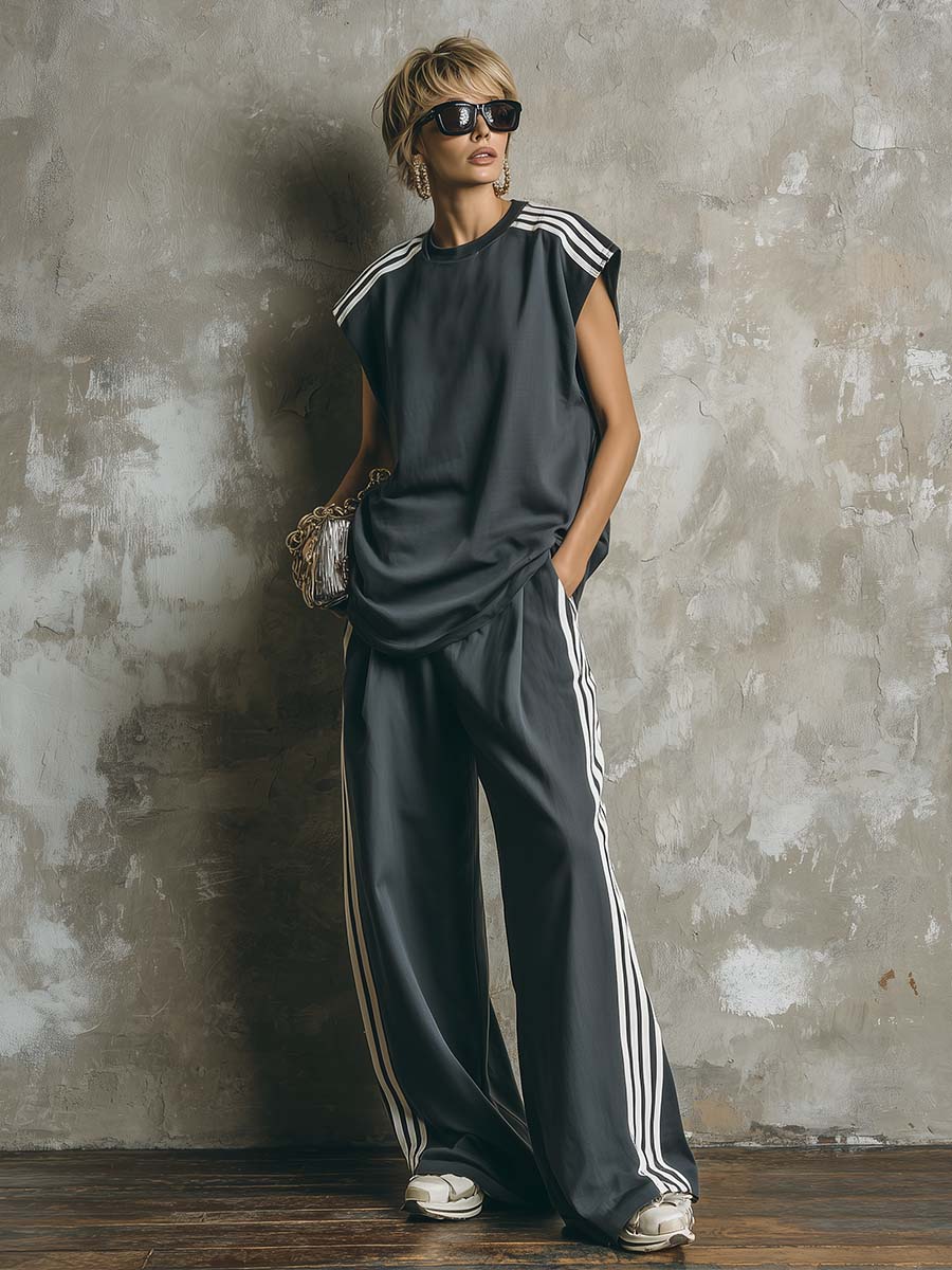 Casual Comfortable Sporty White Striped Dark Gray Cotton Crew Neck Sleeveless Top And Pants Set