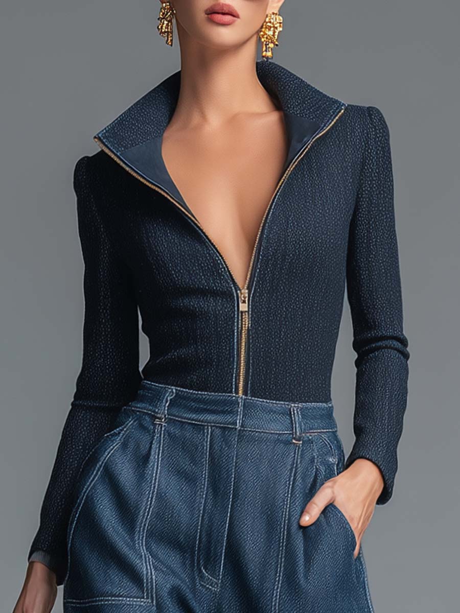 Simple Urban Versatile Dark Blue Lapel Front Zipper Slim Fit Top