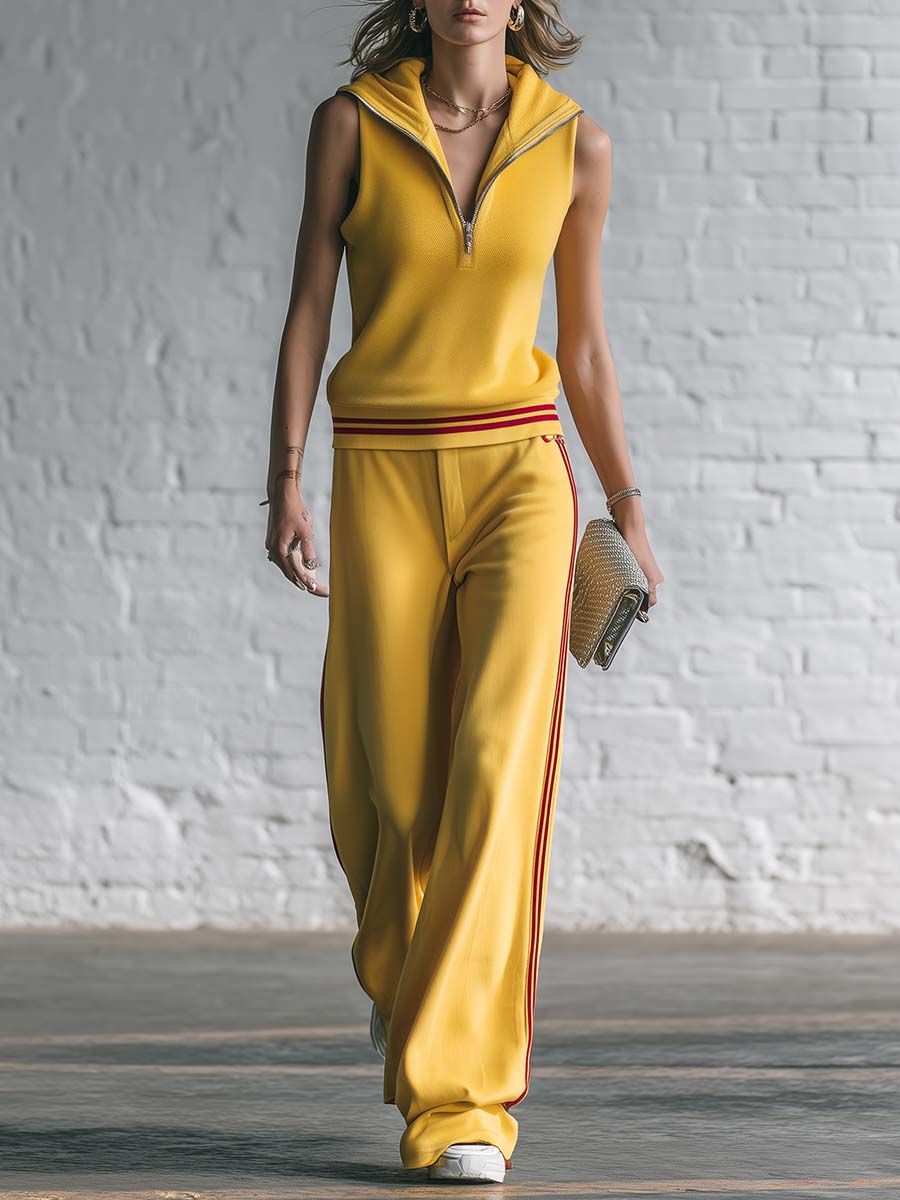 Retro Tennis-core Butter Yellow Cotton Hooded Zip-up Top And Pants Set