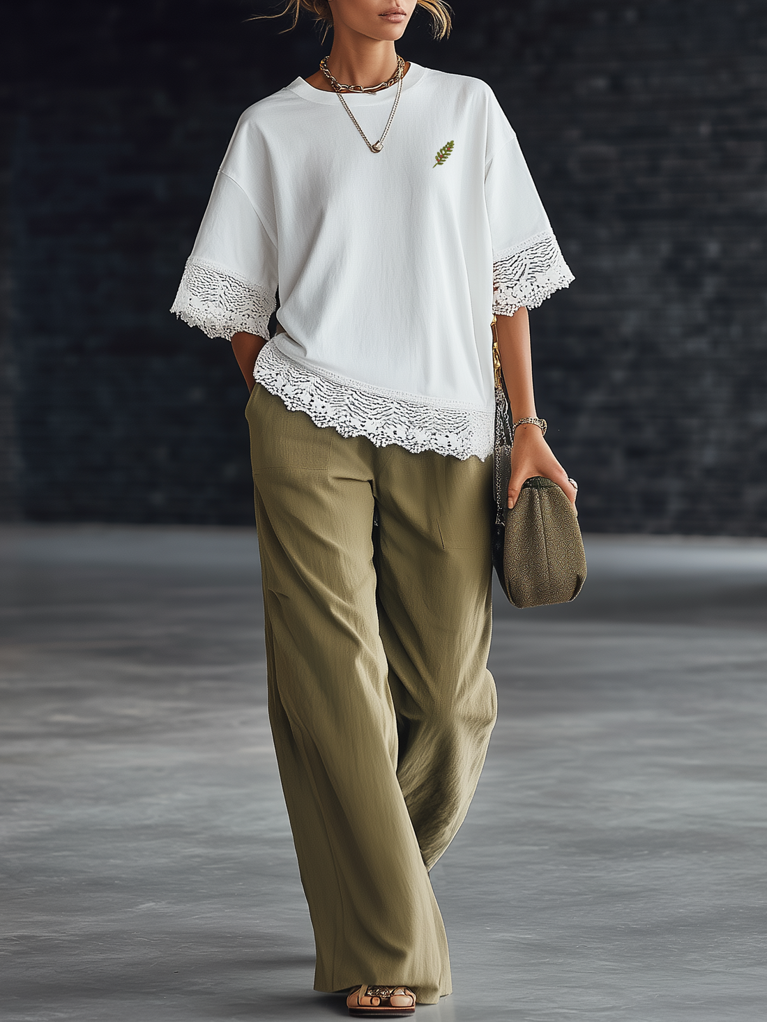 Stylish Simple Short-Sleeve Crewneck Chest Embroidery Lace Hem Top And Olive Green Straight-Leg Trousers Cotton Set