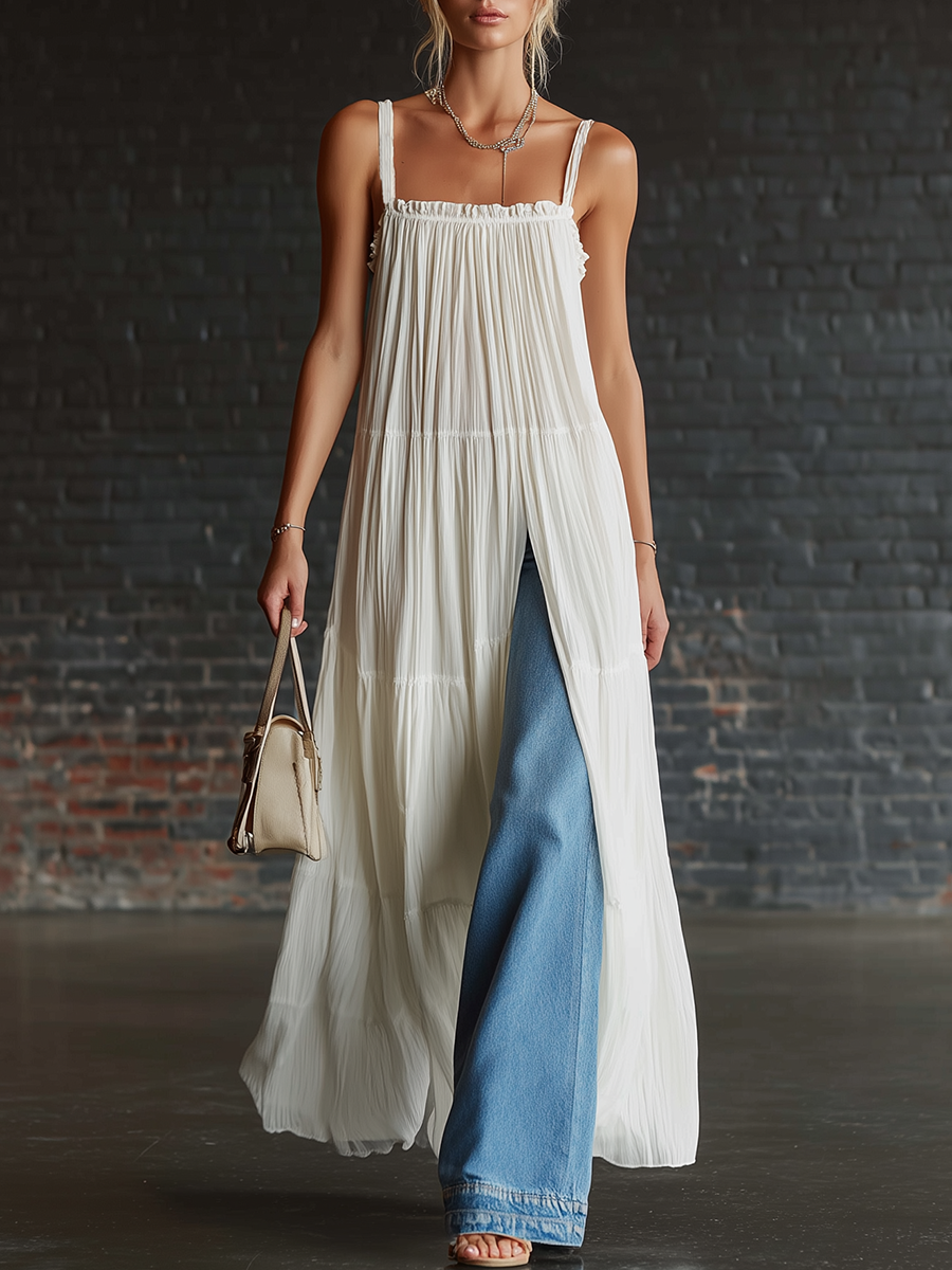 Stylish Simple Pleats Side Slits White Chiffon And Blue Jeans Set