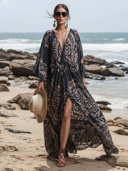 Elegant And Flowing Retro Print V-neck Dark Blue Chiffon Slit Maxi Dress