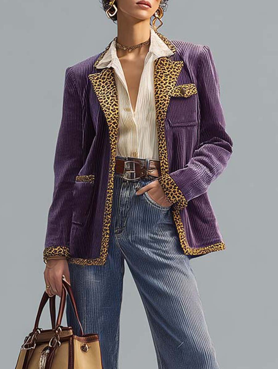 Retro Fashion Purple Corduroy Leopard Collar Blazers