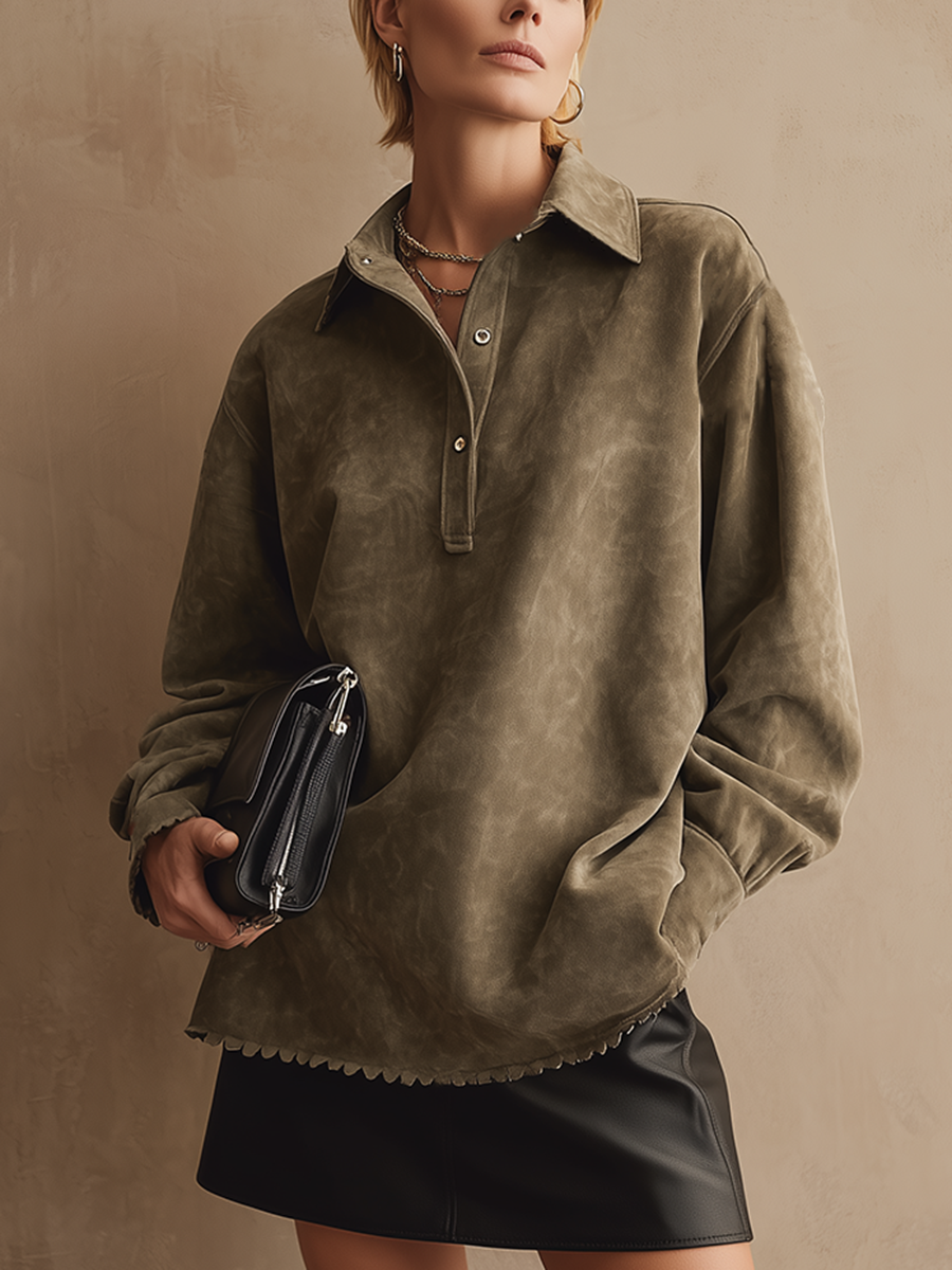 Retro Fashion Urban Green Faux Suede Lapel Button Blouses