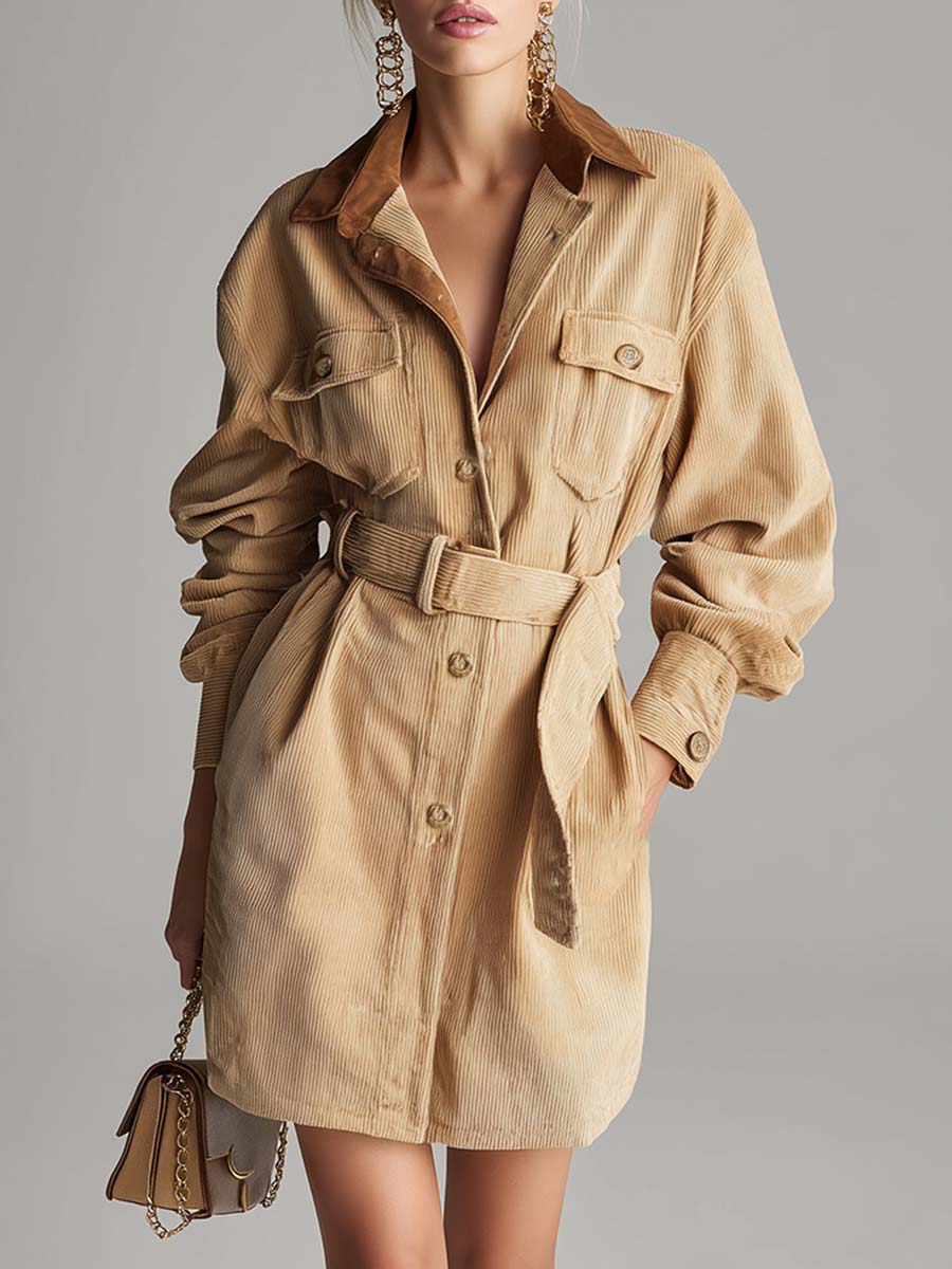 Fashion Retro Coffee-colored Corduroy Long-sleeved Tie Midi Dress