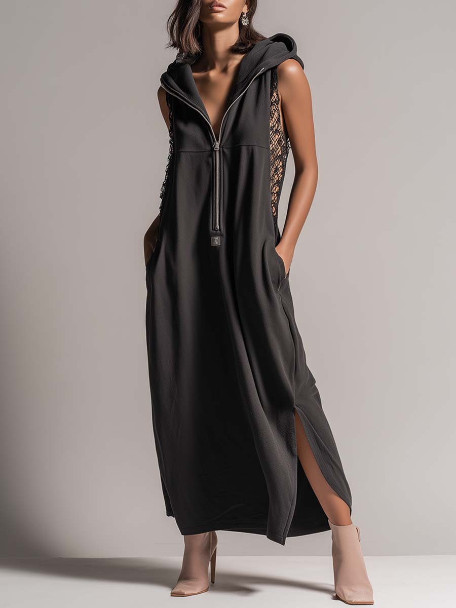 Retro Fashion Sporty Hooded V-neck Front-zip Lace-paneled Black Cotton Slit Midi Dress