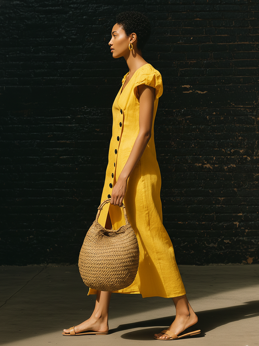 Urban Yellow Linen Puff Sleeved With Side Slit And Buttons Midi Dress