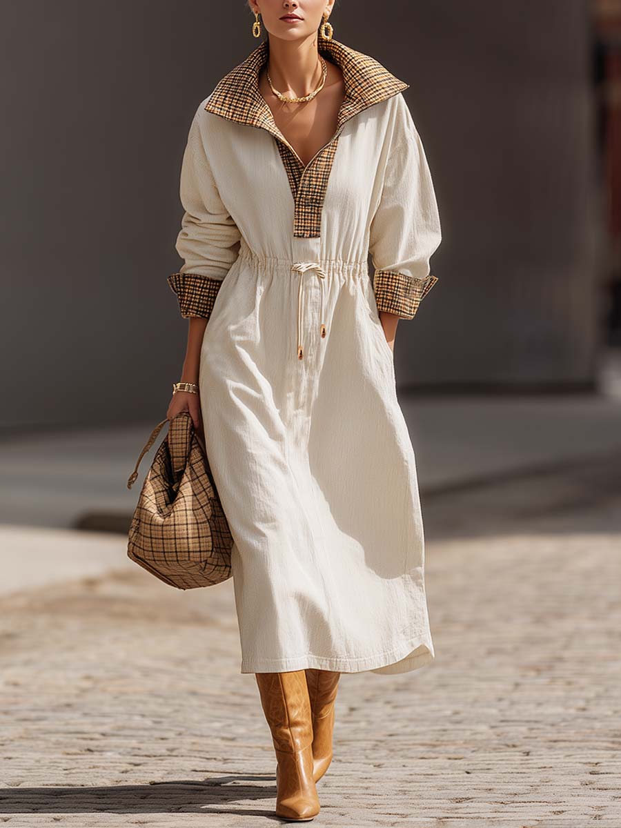 Exquisite Casual Beige And Brown Contrast Plaid Lapel Waist Drawstring Off-white Denim Midi Dress