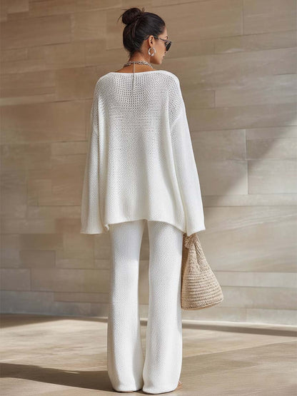 Lazy And Breathable Urban White Openwork Knit Top And Pants Set