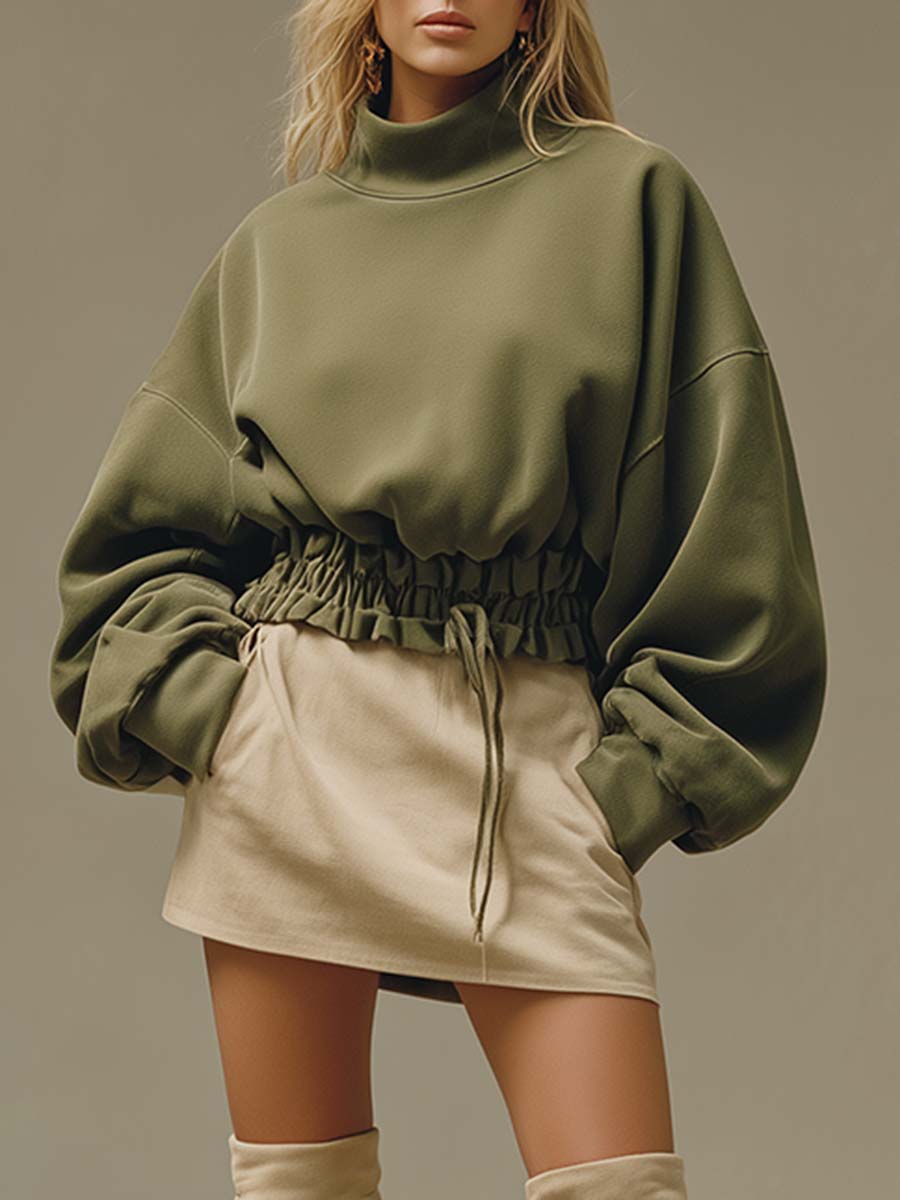 Retro Exquisite Green Sports Round Neck Waist Sweatshirt